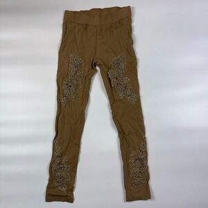 Pretty Angel Leggings Women's L Brown Linen Embroidered Beaded Detail High Waist